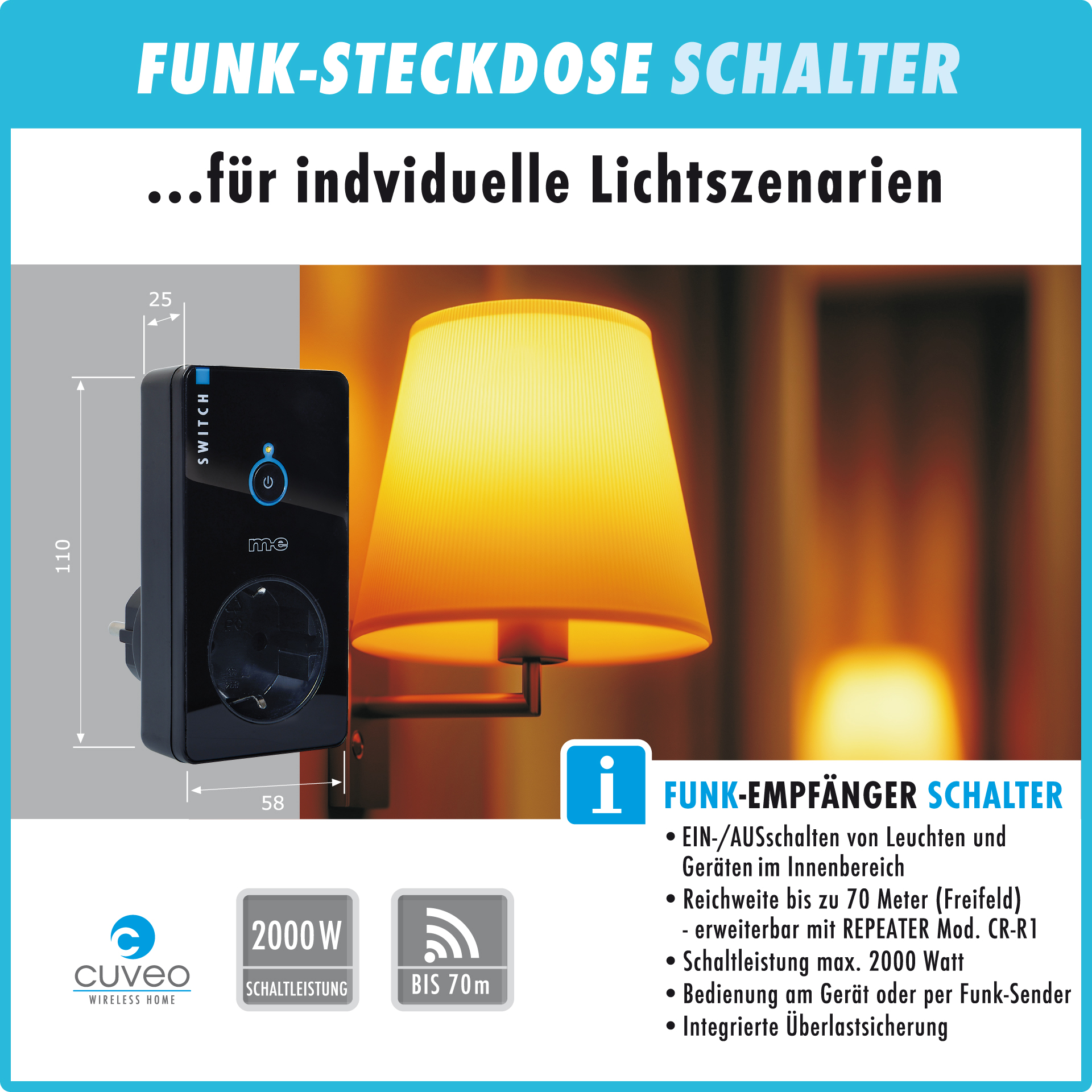 CUVEO Startersets mit Funk-Steckdose & Wandtaster 1- oder 2-Kanal, wahlweise in Farbe weiß oder schwarz