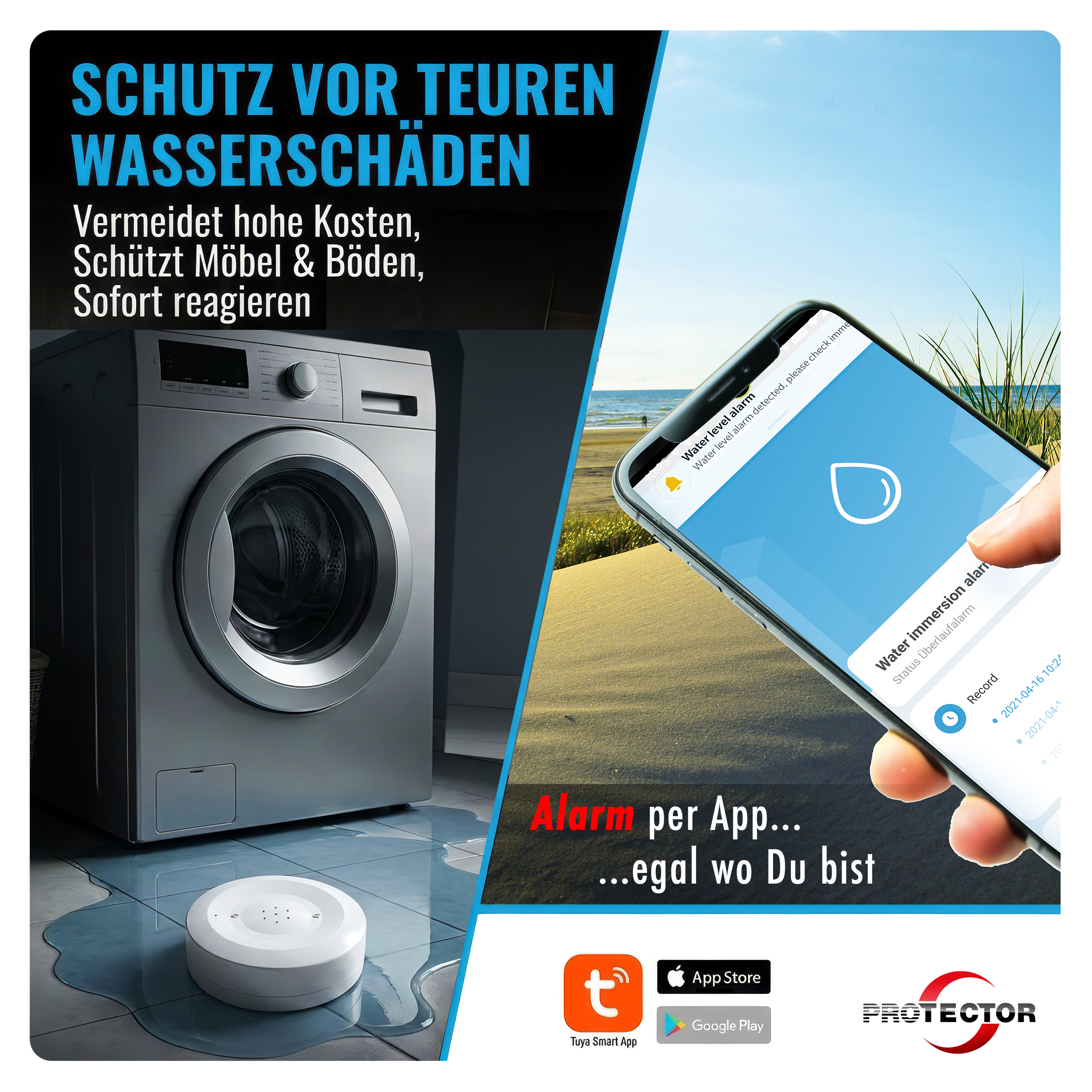 3er-Set WLAN WASSERALARM, rund, 2-fache Sicherheit