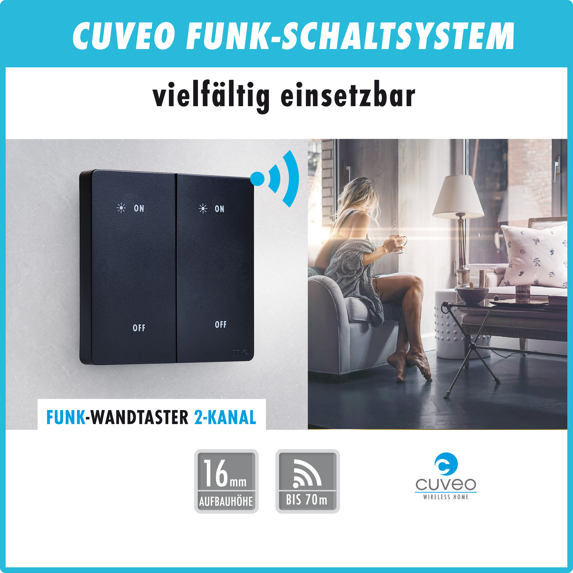 CUVEO Starterset 11, Wandtaster 2-Kanal wahlweise in Farbe schwarz oder weiß mit 2x Aussen-Schalter