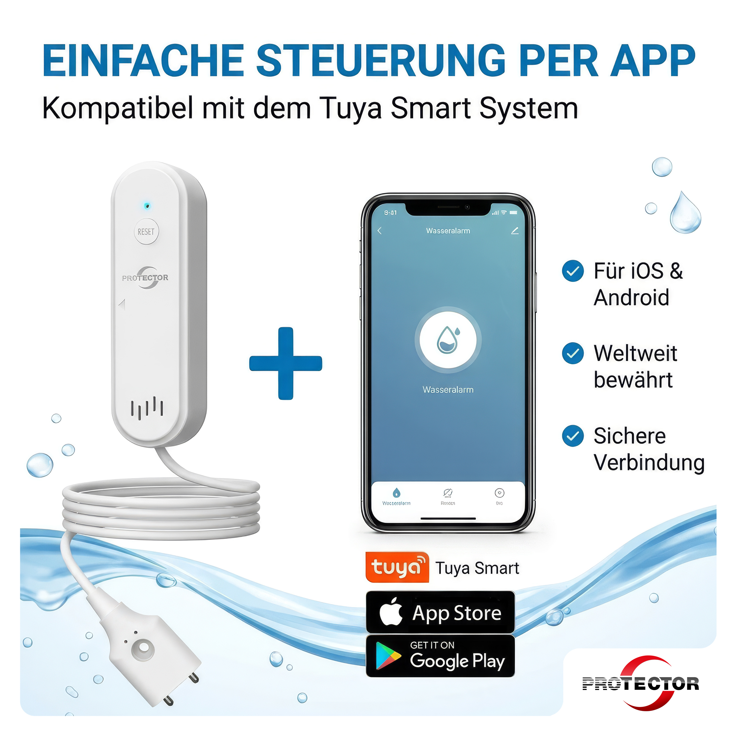 2er-Set WLAN WASSERALARM, mit Kabel, 2-fache Sicherheit
