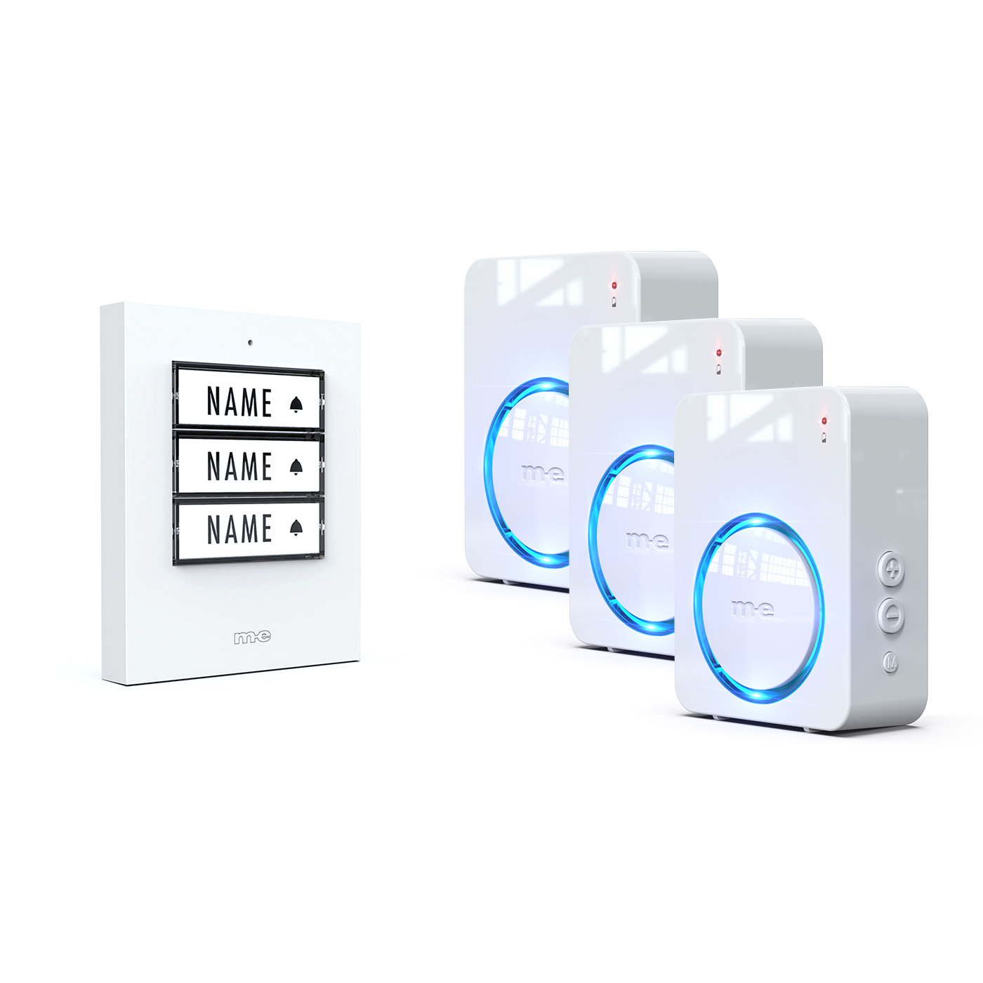 Funk-Türklingel-Set BELL-523-BO-W – Kabellose Türklingel für 3 Familienhäuser, batteriebetriebene Funkklingel mit Empfänger & Sender in Kunststoff weiß.